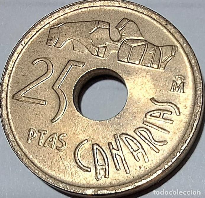 Monedas Juan Carlos I: Espa&ntilde;a 1994, ERROR 25 pesetas &rdquo;Acento en la 2&ordf; A de CAN&Aacute;RIAS y ...&rdquo;, Hnos. Guerra 474. Fotos.