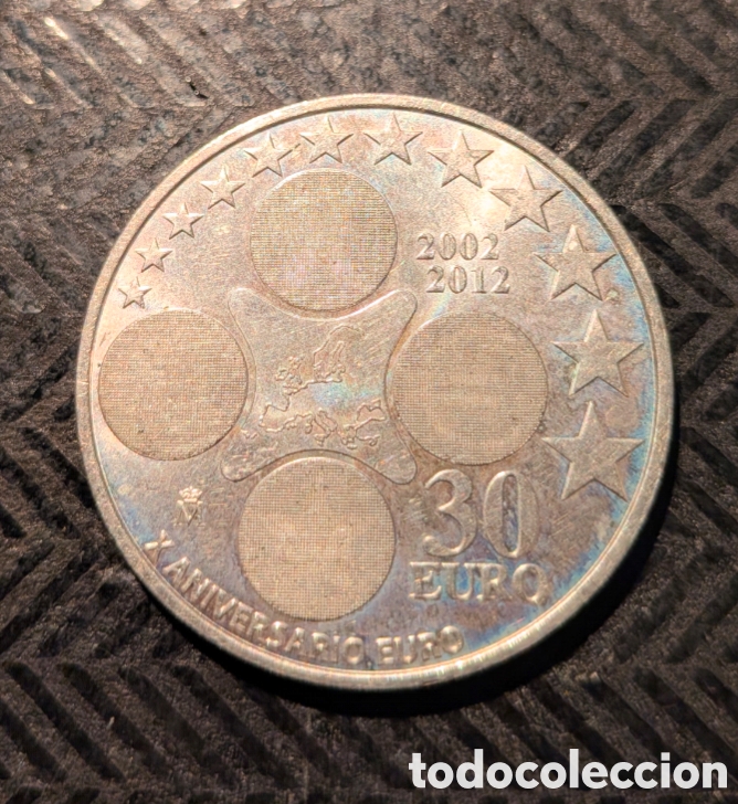 Monedas Juan Carlos I: Moneda conmemorativa Espa&ntilde;a 30 euros 2012 &ndash; 10.&ordm; aniversario del euro &ndash; Plata 925 &ndash; Sin circular.