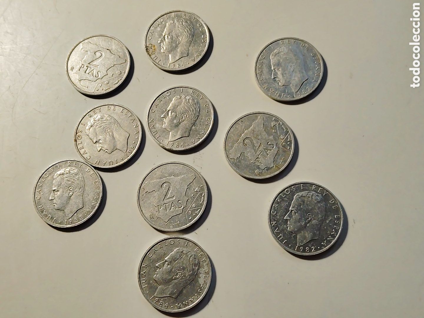 Monedas Juan Carlos I: Lote de 10 monedas de 2 ptas. Juan Carlos I. A&ntilde;os 82 y 84. Casi nuevas.