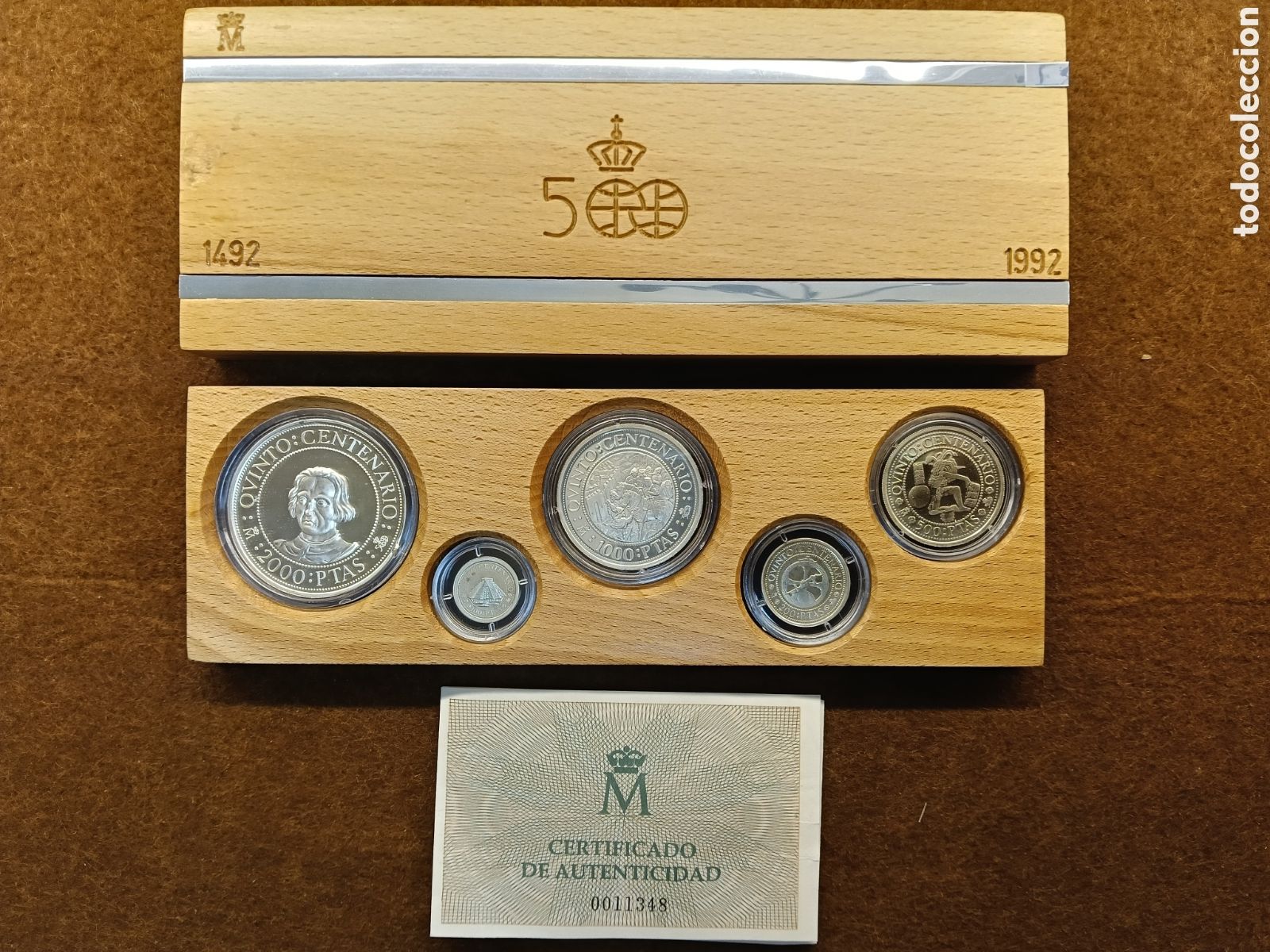 Monedas Juan Carlos I: V CENTENARIO 1989 - SERIE I - JUEGO DE 5 MONEDAS DE PLATA. ESTUCHE DE MADERA Y CERTIFICADO