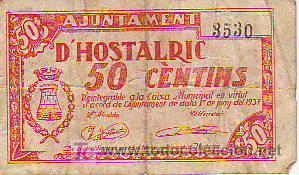 Monedas locales: BITLLET - HOSTALRIC - 50 C&Egrave;NTIMS CMB - Foto 1