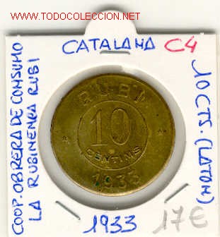 Monedas locales: FICHA COOP.OBRERA DE CONSUMO LA RUBINENCA 10 CTS: - Foto 1