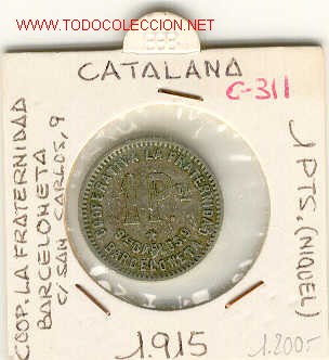 Monedas locales: COOP.LA FRATERNIDAD LA BARCELONETA 1 Pts.. - Foto 1