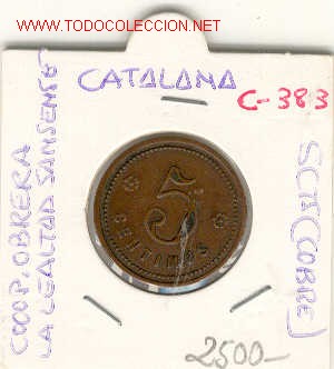 Monedas locales: FICHA COOP. OBRERA LA LEALTAD SANSENSE 5cts - Foto 1