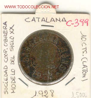 Monete locali: FICHA SOCIEDAD COOP.OBRERA MODELO DEL SIGLO XX,1928,10cts