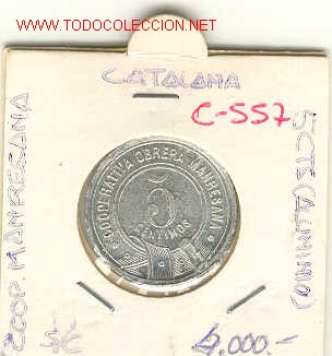 Monedas locales: FICHA COOP. MANRESANA 5cts - Foto 1