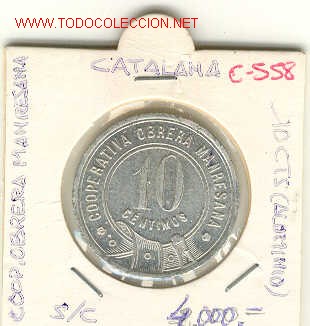 Monedas locales: FICHA COOP. OBRERA MANRESANA 10cts - Foto 1