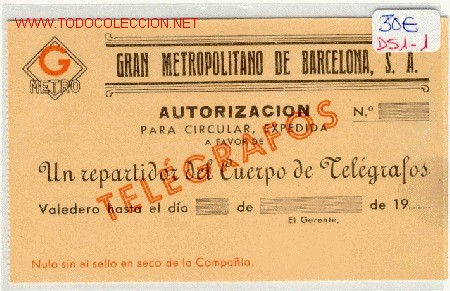 Local Coins: (Ds-1-1) VALE PASE GRAN METROPOLITANO DE BARCELONA S.A.