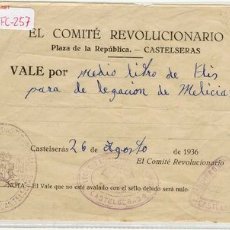 Monedas locales: (FC-257) VALE 1/2 LITRO DE FLIS COMITE REVOLUCIONARIO DE CASTELSERAS(TERUEL)-GUERRA CIVIL. Lote 2408921
