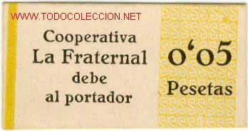 Local Coins: (FC-298)VALE 5 CTS.COOP.LA FRATERNAL DEL SAN GINES DE VILASAR