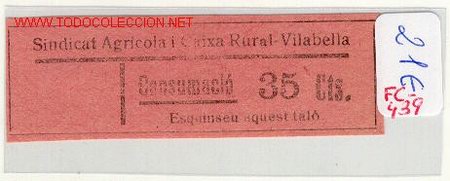 Monnaies locales: (FC-439) VALE 55 CTS.CONSUMACIO SINDICAT AGRICOLA DE VILABELLA (TARRAGONA)-Guerra Civil