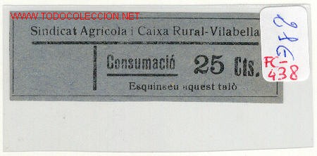 Lokalw&auml;hrung: (FC-438) VALE 25 CTS.CONSUMACIO SINDICAT AGRICOLA DE VILABELLA (TARRAGONA)-Guerra Civil