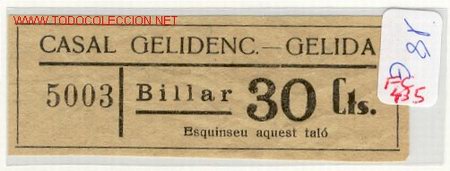 Monete locali: (FC-435) VALE 30 CTS.BILLAR CASAL GELIDENC DE GELIDA (BARCELONA) A&Ntilde;OS 30