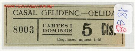 Lokalw&auml;hrung: (FC-430) VALE 5 CTS.CARTES I DOMINOS CASAL GELIDENC DE GELIDA (BARCELONA) A&Ntilde;OS 30
