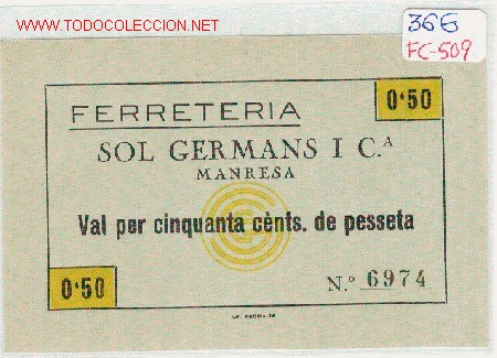Local Coins: (FC-50)) VALE 50 CTS.FERRETERIA SOL GERMANS I C&ordf;.(MANRESA) - GUERRA CIVIL