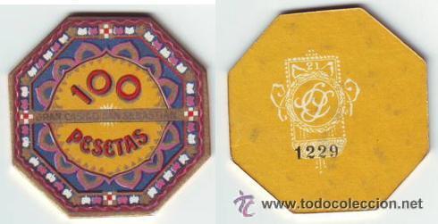 Monnaies locales: FICHA DE JUEGO GRAN CASINO SAN SEBASTIAN, 100 PESETAS ..........a&ntilde;o 1902