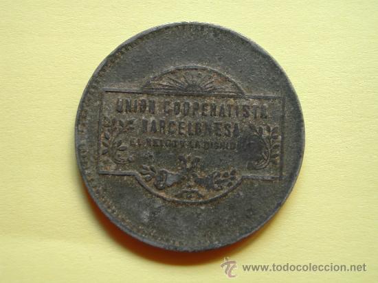 Local Coins: Ficha 5 pesetas - Uni&oacute;n Cooperatista Barcelonesa - El Reloj y la Dignidad - Zinc