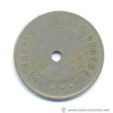 Monedas locales: MUY ESCASA FICHA DE 5 PESETAS DE LA NUEVA ACTIVIDAD OBRERA DE SANS, 1932 BARCELONA 