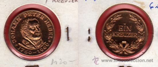 Monedas locales: Medalla, token o ficha de 1 kreuzer, Baden, ALEMANIA, 1960 en honor del poeta Johann Peter Hebel