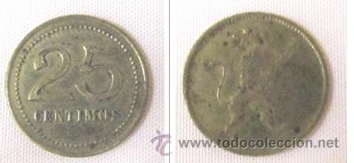 Monedas locales: ficha de casino de 25 c&eacute;ntimos en lat&oacute;n - Foto 1