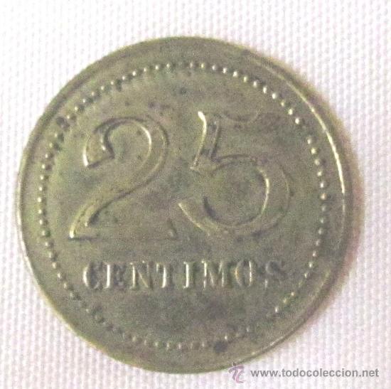 Monedas locales: ficha de casino de 25 c&eacute;ntimos en lat&oacute;n - Foto 2