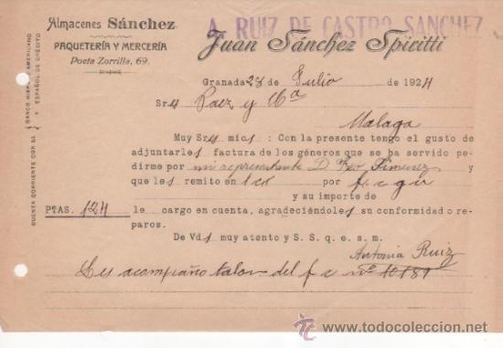 Monete locali: Carta comercial Almacene S&aacute;nchez: Paqueter&iacute;a y mercer&iacute;a. Juan S&aacute;nchez Spiritti. Granada 1924