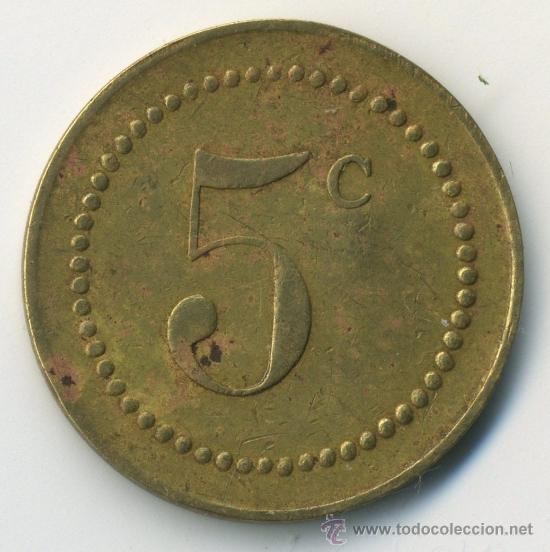 Monedas locales: ficha de 5 c&eacute;ntimos en lat&oacute;n - Foto 1