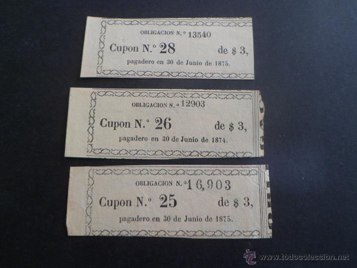 Monnaies locales: 3 CUPONES - OBLIGACIONES DEL CANAL DE URGELL DE 3$ PAGADEROS EN 1874/1875 - RAROS