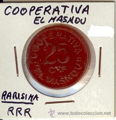 Monedas locales: Ficha Cooperativa El Masnou Guerra Civil - 25 c&eacute;ntimos
