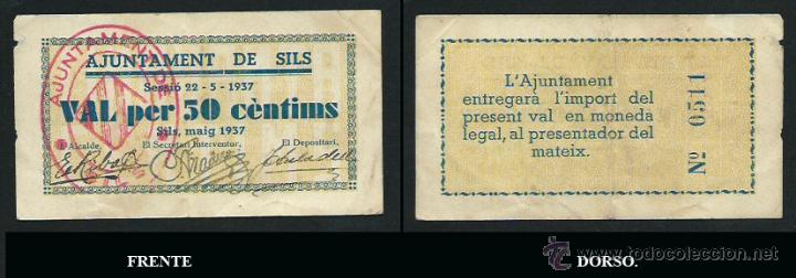 Moedas locais: Ajuntament de Sils. Val per 50 c&egrave;ntims. Maig 1937