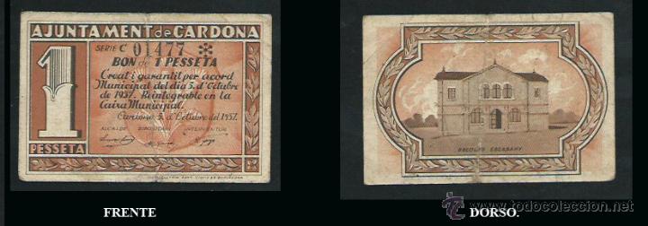 Moedas locais: Ajuntament de Cardona. 1 pesseta. 1937.