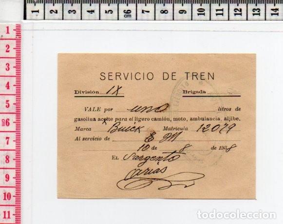 Moedas locais: 23.71 VALE GUERRA CIVIL, SERVICIO DE TREN, ARANJUEZ MADRID, BUICK, 1938, FIRMA ORIGINAL MILITAR