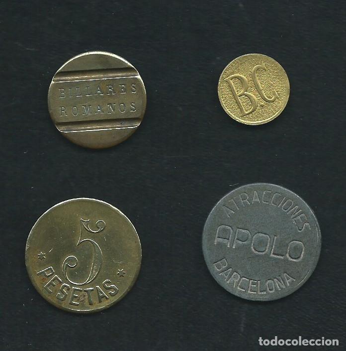 Monnaies locales: 4 fichas diferentes , B.C.- Atracciones Apolo,-  Billares Romanos y 5 pesetas.