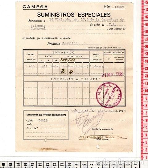 Local Coins: 51 VALE GUERRA CIVIL, ESENCIAS Y GRASAS VALENCIA, CAMPSA SELLO ORIGINAL 21-11-1938, MILITAR