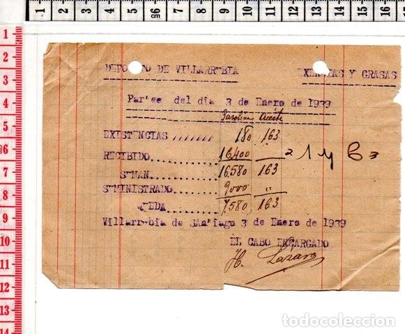 Local Coins: 51 PARTE DIARIO GUERRA CIVIL, ESENCIAS Y GRASAS, VILLARRUBIA DE SANTIAGO 03-01-1939, MILITAR