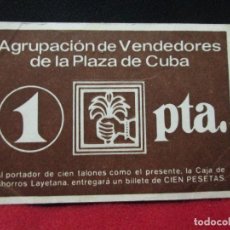 Monedas locales: VALE 1 PESETA ASOCIACION DE VENDEDORES DE LA PLAZA DE CUBA AÑOS 70. Lote 121107651