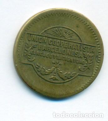Monnaies locales: 5 CTMOS. 1927 UNION COOP. BARCELONESA EL RELOG Y LA DIGNIDAD LATON L-942 EBC-
