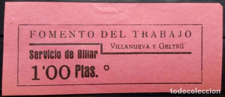 Monnaies locales: VALE CUPON VILANOVA I LA GELTRU BARCELONA BILLAR FOMENTO TRABAJO DEPORTE 1 PTA