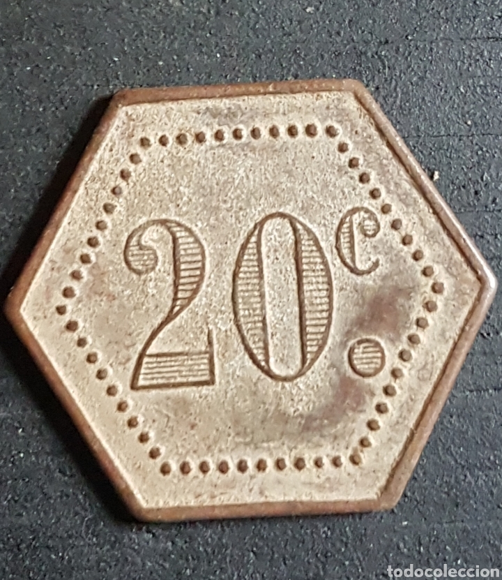 Monedas locales: Magnifica antigua ficha 20 centimos hexagonal - Foto 2