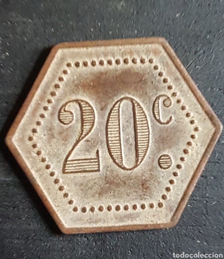 Monedas locales: Magnifica antigua ficha 20 centimos hexagonal - Foto 1