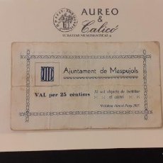 Monedas locales: BILLETE LOCAL DE MASPUJOLS - 25 CÉNTIMOS (1937). Lote 311212088