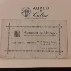 Monedas locales: BILLETE LOCAL DE MASPUJOLS - 50 CÉNTIMOS (1937). Lote 311212328