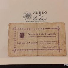Monedas locales: BILLETE LOCAL DE MASPUJOLS - 1 PESETA (1937). Lote 311212623