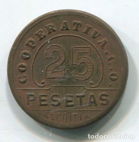 Monnaies locales: Ficha Azcoitia. Cooperativa C.O, 25 pesetas 1915. Muy bien
