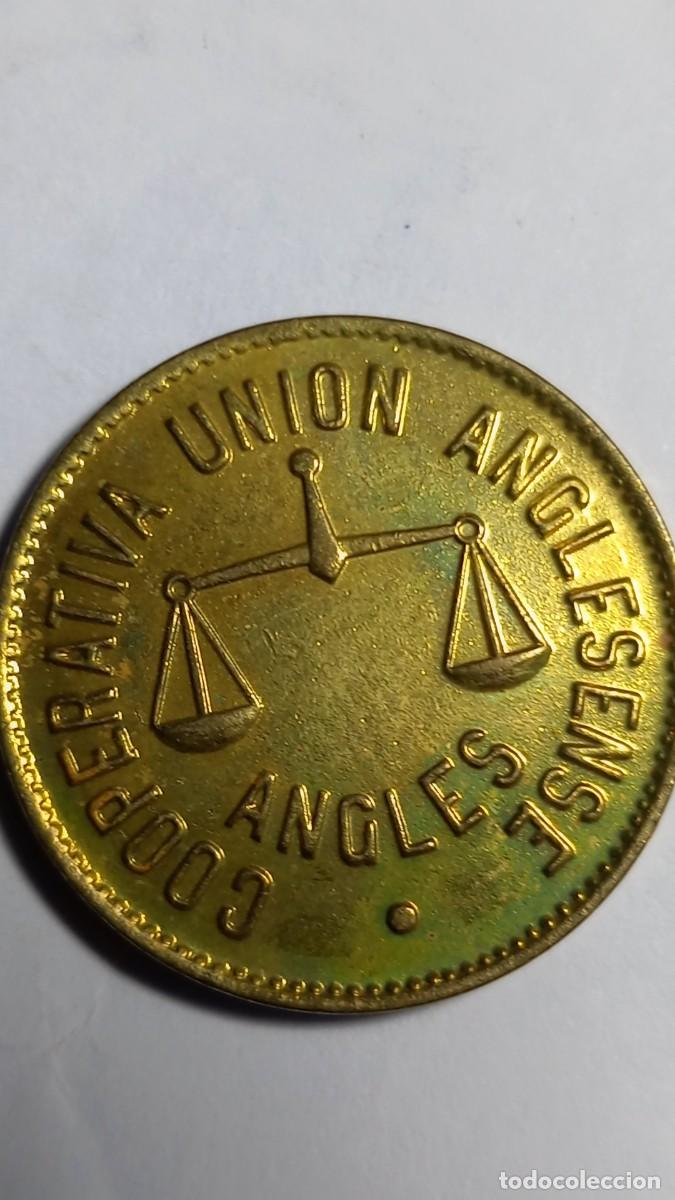 Monedas locales: ANGLES - 5 PESETAS COOPERATIVA UNION ANGLESENSE EN DORADO - Foto 2