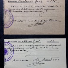 Monedas locales: 2 VALES DE TABACO ( DIFERENTES ) RACIONAMIENTO / BENABARRE 1941 - 1942 / HUESCA / ORIGINALES