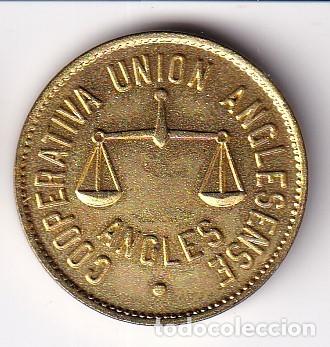 Monedas locales: FICHA DE 5 PESETAS DE LA COOPERATIVA UNION ANGLESENSE DE ANGLES (MONEDA) - Foto 1