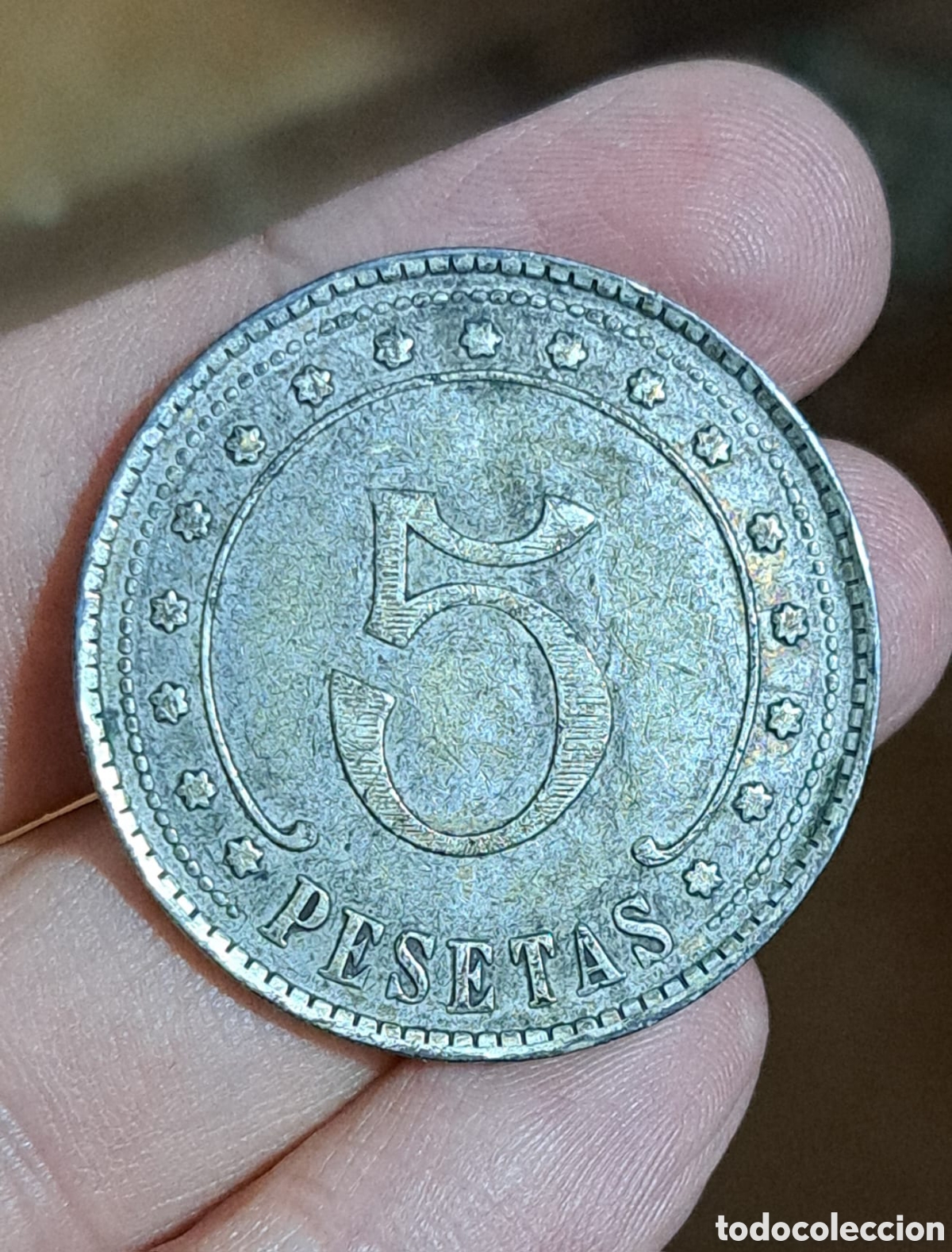 Monedas locales: 5 pesetas del centro del ej&eacute;rcito y la armada con corona republicana - Foto 2