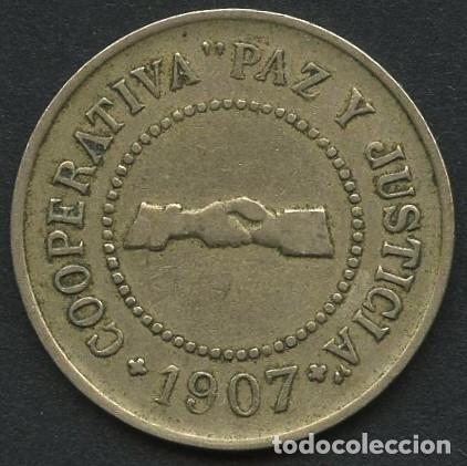 Moedas locais: FICHA, COOPERATIVA PAZ Y JUSTICIA, VALOR: 1 PESETA, 1907