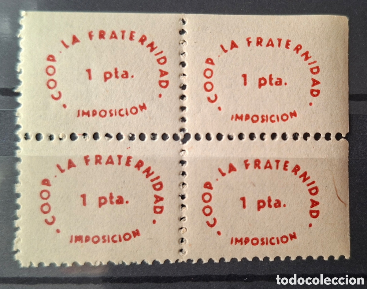 Monnaies locales: Bloque de 4 sellos cooperativa La fraternidad 1 pta